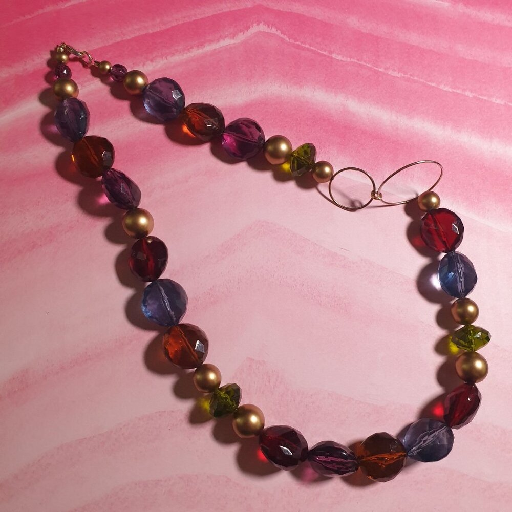 Colorful Beaded Necklace Gold Accents Lobster Clasp Large Acrylic Beads Jewelry